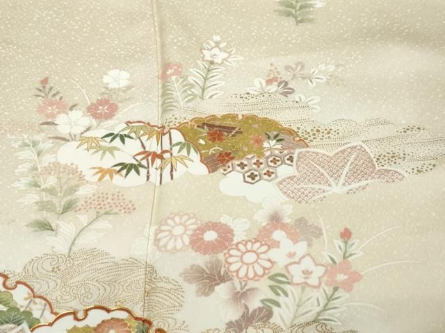平和屋着物●訪問着　駒刺繍　吉澤友禅　雪輪草花文　金彩　鈴乃屋扱い　反端付き　正絹　逸品　DABL1008ud