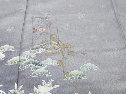 平和屋着物●中国三大刺繍　汕頭刺繍　スワトウ刺繍　訪問着　短冊草花文　暈し染め　金糸　正絹　逸品　DABL1012ud