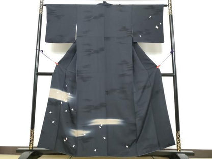 平和屋着物●訪問着　駒刺繍　舞桜文　黒地　銀糸　正絹　逸品　DABL1014ud