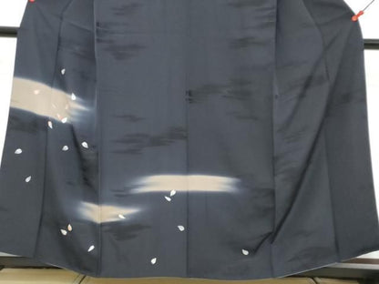 平和屋着物●訪問着　駒刺繍　舞桜文　黒地　銀糸　正絹　逸品　DABL1014ud