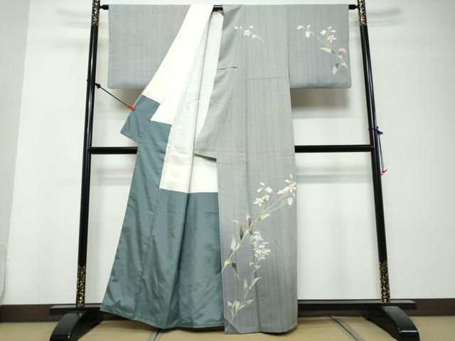 平和屋着物●訪問着　友禅　紬地　草花文　正絹　逸品　DABL1041ud