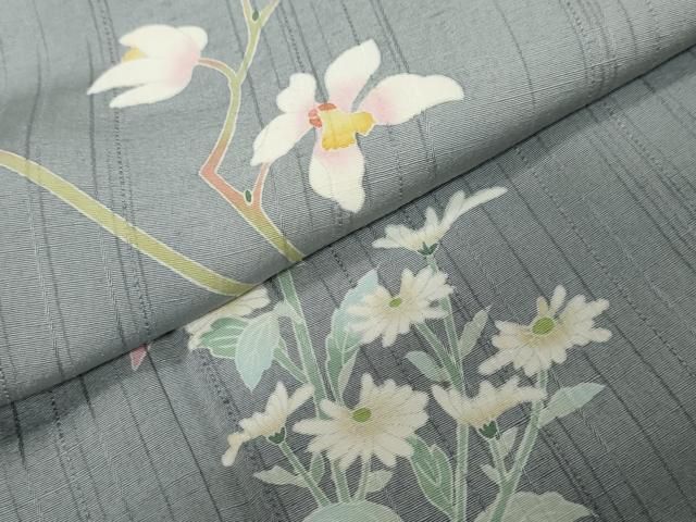 平和屋着物●訪問着　友禅　紬地　草花文　正絹　逸品　DABL1041ud