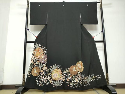 平和屋着物●豪華黒留袖　駒刺繍　宝尽くし飛鶴花文　金彩　正絹　逸品　DABL1047ud