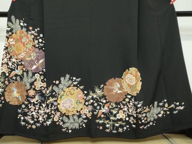 平和屋着物●豪華黒留袖　駒刺繍　宝尽くし飛鶴花文　金彩　正絹　逸品　DABL1047ud