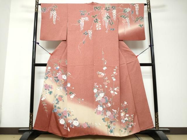 平和屋着物●訪問着　友禅　草花文　暈し染め　正絹　逸品　DABL1059ud