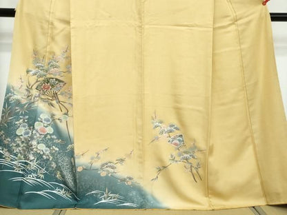 平和屋着物●訪問着　螺鈿　扇面草花文　暈し染め　金彩　正絹　逸品　DABL1069ud
