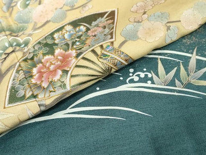平和屋着物●訪問着　螺鈿　扇面草花文　暈し染め　金彩　正絹　逸品　DABL1069ud