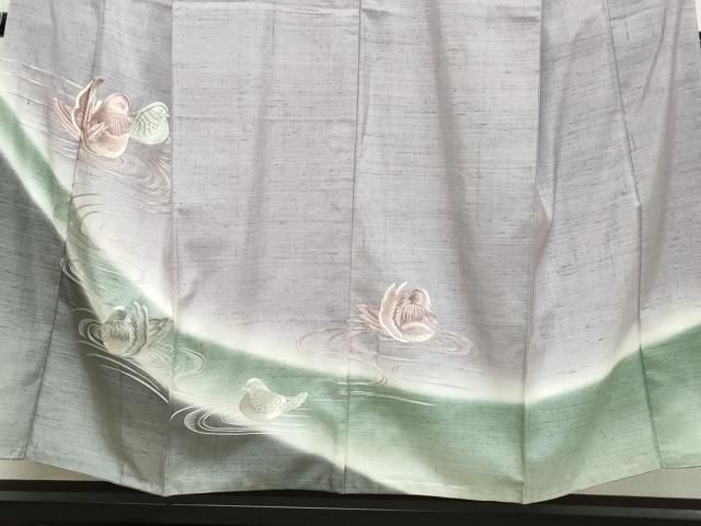 平和屋着物●結城紬　訪問着　総刺繍　流水鴛鴦文　証紙付き　正絹　逸品　DABL1072ud