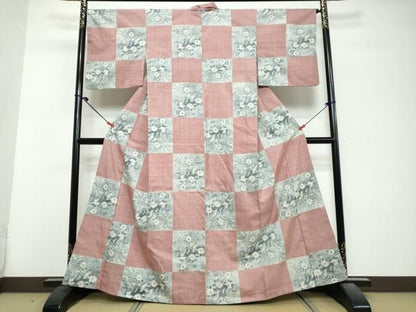 平和屋着物●小千谷紬　格子花鳥文　正絹　逸品　DABL1085ud