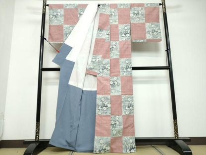 平和屋着物●小千谷紬　格子花鳥文　正絹　逸品　DABL1085ud