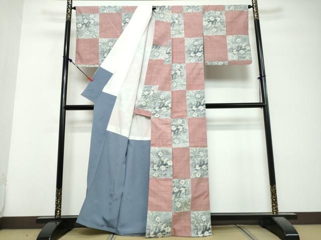平和屋着物●小千谷紬　格子花鳥文　正絹　逸品　DABL1085ud