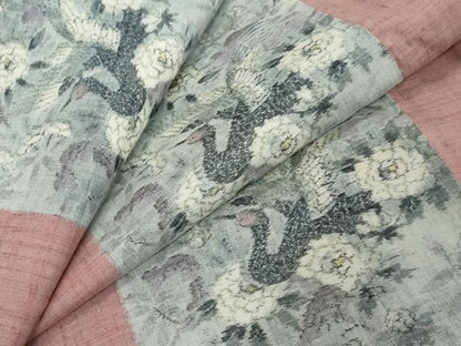 平和屋着物●小千谷紬　格子花鳥文　正絹　逸品　DABL1085ud
