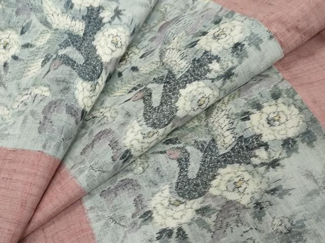 平和屋着物●小千谷紬　格子花鳥文　正絹　逸品　DABL1085ud