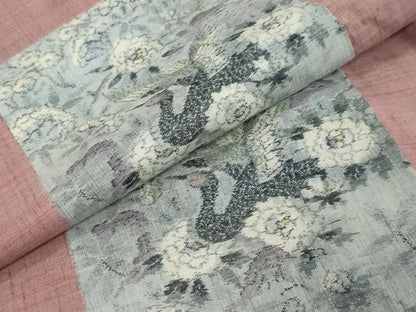 平和屋着物●小千谷紬　格子花鳥文　正絹　逸品　DABL1085ud