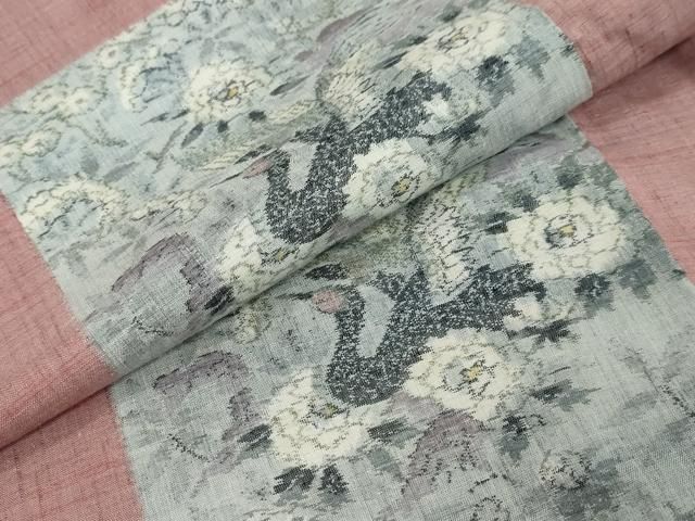 平和屋着物●小千谷紬　格子花鳥文　正絹　逸品　DABL1085ud