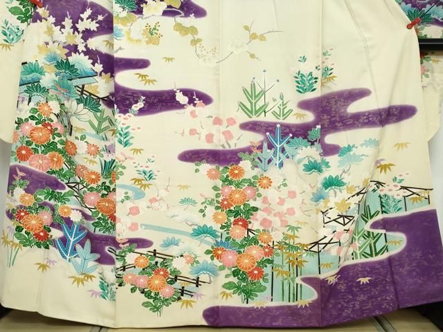 平和屋着物●豪華振袖　駒刺繍　エ霞風景草花文　金彩　正絹　逸品　DABL1110ud