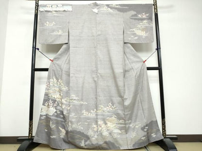 平和屋着物●本場結城紬　重要無形文化財　訪問着　奥順　刺繍　風景草花文　金彩　証紙付き　正絹　逸品　DABL1121ud