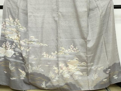 平和屋着物●本場結城紬　重要無形文化財　訪問着　奥順　刺繍　風景草花文　金彩　証紙付き　正絹　逸品　DABL1121ud
