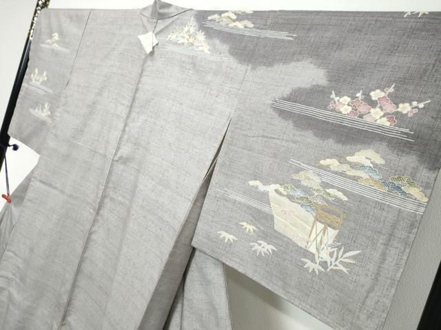 平和屋着物●本場結城紬　重要無形文化財　訪問着　奥順　刺繍　風景草花文　金彩　証紙付き　正絹　逸品　DABL1121ud