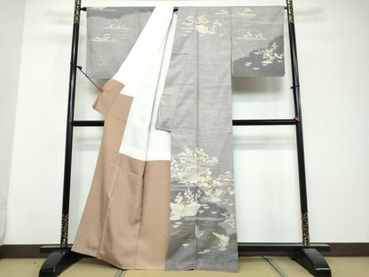 平和屋着物●本場結城紬　重要無形文化財　訪問着　奥順　刺繍　風景草花文　金彩　証紙付き　正絹　逸品　DABL1121ud