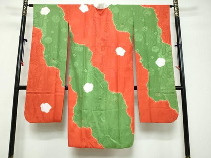 平和屋着物●振袖用長襦袢　袷　絞り　手毬草花地紋　金彩　正絹　逸品　DABL1127ud