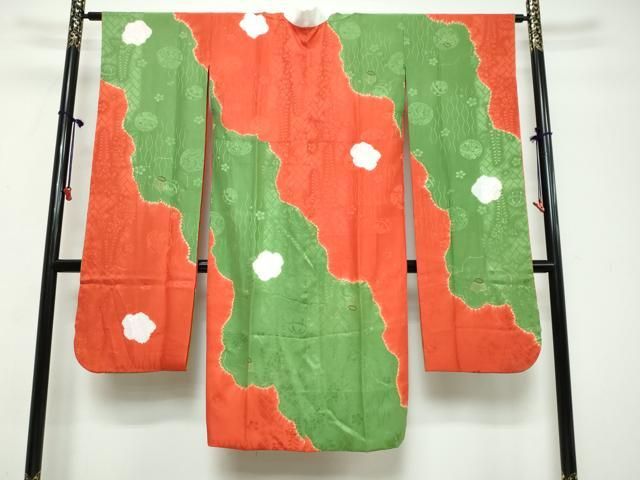 平和屋着物●振袖用長襦袢　袷　絞り　手毬草花地紋　金彩　正絹　逸品　DABL1127ud