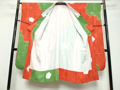 平和屋着物●振袖用長襦袢　袷　絞り　手毬草花地紋　金彩　正絹　逸品　DABL1127ud