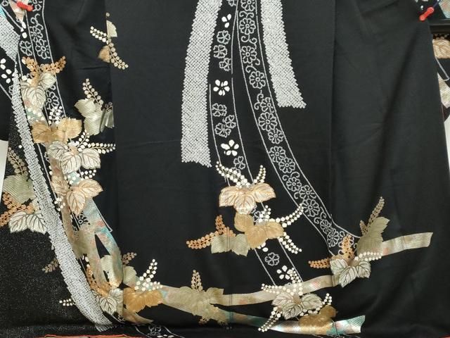 平和屋着物●豪華振袖　絞り　熨斗草花文　黒地　金銀彩　正絹　逸品　DABL1165ud