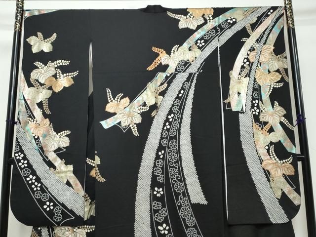 平和屋着物●豪華振袖　絞り　熨斗草花文　黒地　金銀彩　正絹　逸品　DABL1165ud