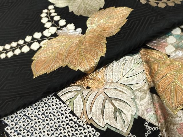 平和屋着物●豪華振袖　絞り　熨斗草花文　黒地　金銀彩　正絹　逸品　DABL1165ud