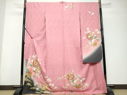 平和屋着物●豪華振袖　手毬花蝶文　暈し染め　金彩　正絹　逸品　DABL1173ud