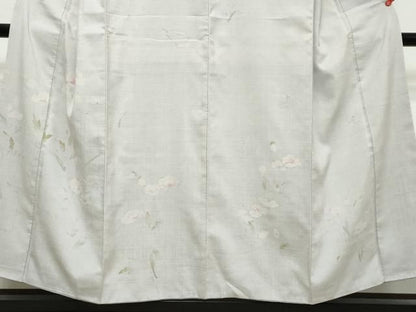 平和屋着物●訪問着　紬地　手描き　草花文　反端付き　正絹　逸品　DABL1194ud