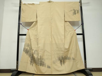 平和屋着物●内山晴祥　手描き　訪問着　紬地　樹林風景文　反端付き　正絹　逸品　DABL1198ud