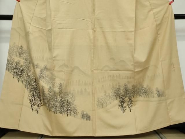 平和屋着物●内山晴祥　手描き　訪問着　紬地　樹林風景文　反端付き　正絹　逸品　DABL1198ud