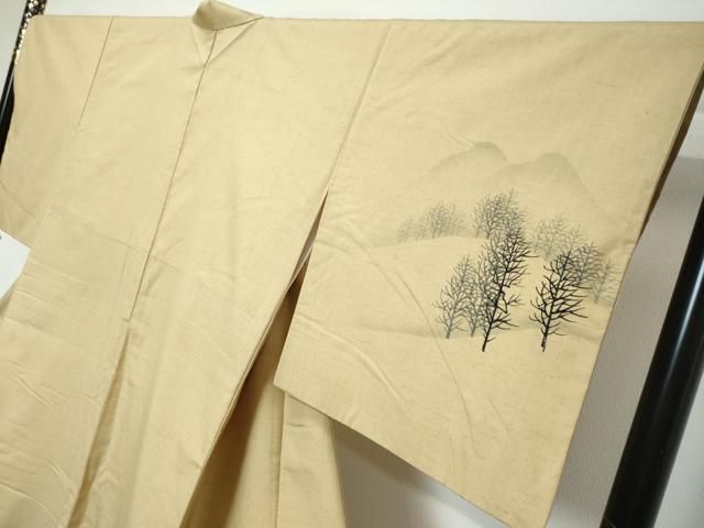 平和屋着物●内山晴祥　手描き　訪問着　紬地　樹林風景文　反端付き　正絹　逸品　DABL1198ud