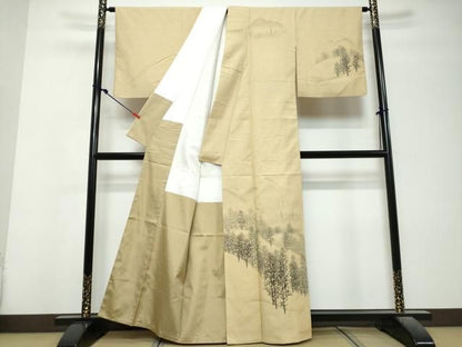 平和屋着物●内山晴祥　手描き　訪問着　紬地　樹林風景文　反端付き　正絹　逸品　DABL1198ud