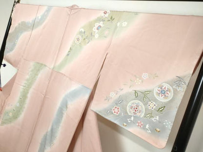 平和屋着物●訪問着　駒刺繍　道長吉祥草花文　暈し染め　金彩　正絹　逸品　未使用　DABL1209ud