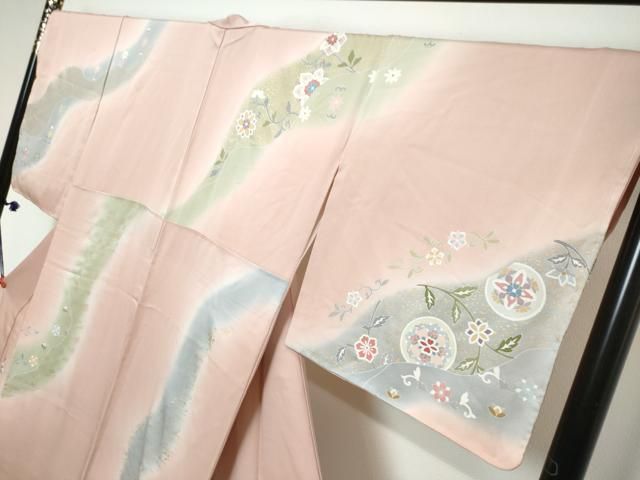 平和屋着物●訪問着　駒刺繍　道長吉祥草花文　暈し染め　金彩　正絹　逸品　未使用　DABL1209ud
