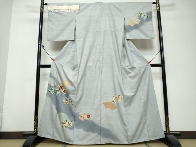 平和屋着物●訪問着　紬地　地紙草花文　金彩　反端付き　正絹　逸品　DABL1214ud