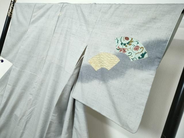 平和屋着物●訪問着　紬地　地紙草花文　金彩　反端付き　正絹　逸品　DABL1214ud