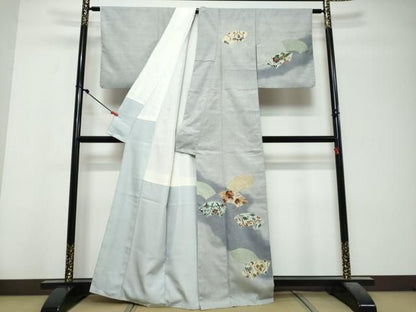 平和屋着物●訪問着　紬地　地紙草花文　金彩　反端付き　正絹　逸品　DABL1214ud