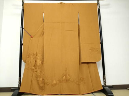 平和屋着物●中国三大刺繍　汕頭刺繍　スワトウ刺繍　総刺繍　振袖　風景草花文　狐色　正絹　逸品　DABL1288ud