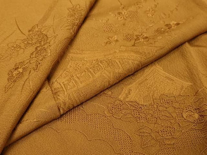 平和屋着物●中国三大刺繍　汕頭刺繍　スワトウ刺繍　総刺繍　振袖　風景草花文　狐色　正絹　逸品　DABL1288ud