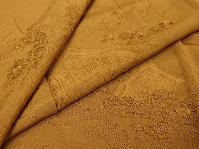 平和屋着物●中国三大刺繍　汕頭刺繍　スワトウ刺繍　総刺繍　振袖　風景草花文　狐色　正絹　逸品　DABL1288ud