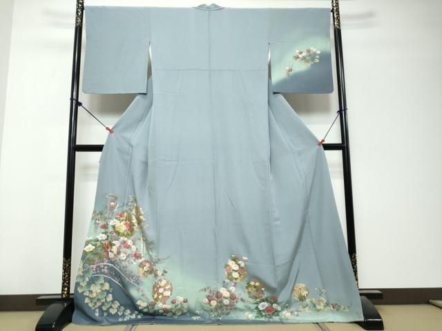 平和屋着物●訪問着　刺繍　雪輪草花文　暈し染め　金彩　ロング丈　正絹　逸品　DABL1291ud