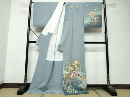 平和屋着物●訪問着　刺繍　雪輪草花文　暈し染め　金彩　ロング丈　正絹　逸品　DABL1291ud