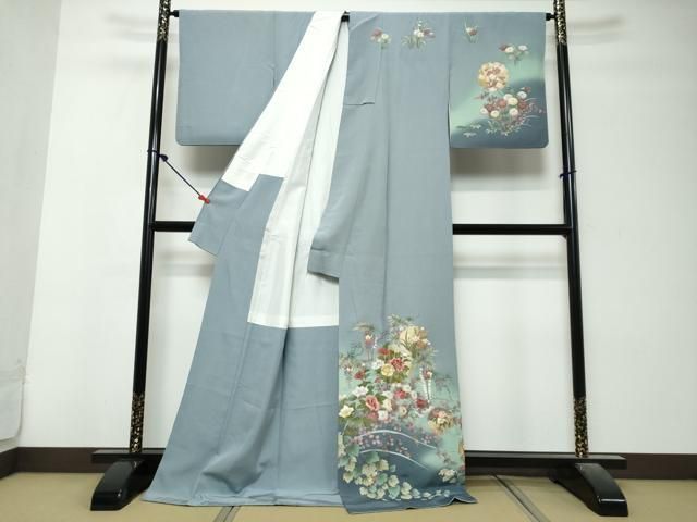 平和屋着物●訪問着　刺繍　雪輪草花文　暈し染め　金彩　ロング丈　正絹　逸品　DABL1291ud