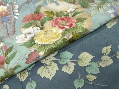 平和屋着物●訪問着　刺繍　雪輪草花文　暈し染め　金彩　ロング丈　正絹　逸品　DABL1291ud