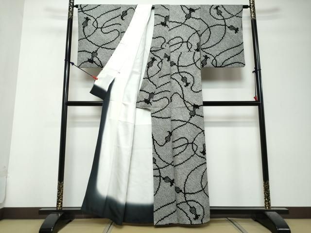 平和屋着物●上質な小紋　総絞り　洋花文　黒地　正絹　逸品　DABL1296ud