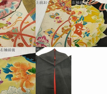 平和屋本店●アンティーク　大正ロマン　振袖　飛鶴草花文　黒地　正絹　逸品　DABL1370ud